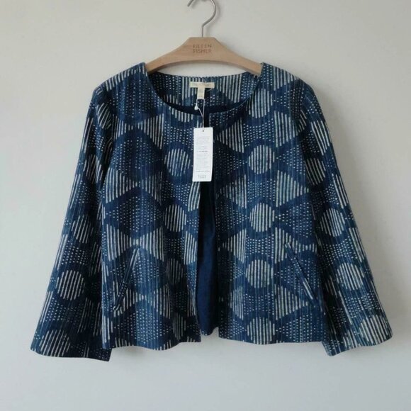 NWT EILEEN FISHER Indigo Hand Printed Cotton 3/4 Sleeve Open Jacket Medium, XL - Picture 6 of 7